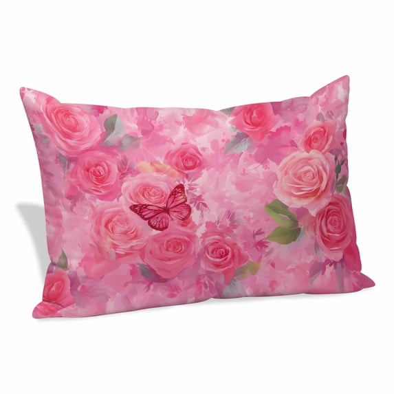 Valentine's Day Pillow Covers, Linen Long Throw Pillow Case, Watercolor Roses Flowers Butterfly Romance Holiday Pillow Protector Decorative Cushion Cover for Living Room/Bedroom 20" x 36"
