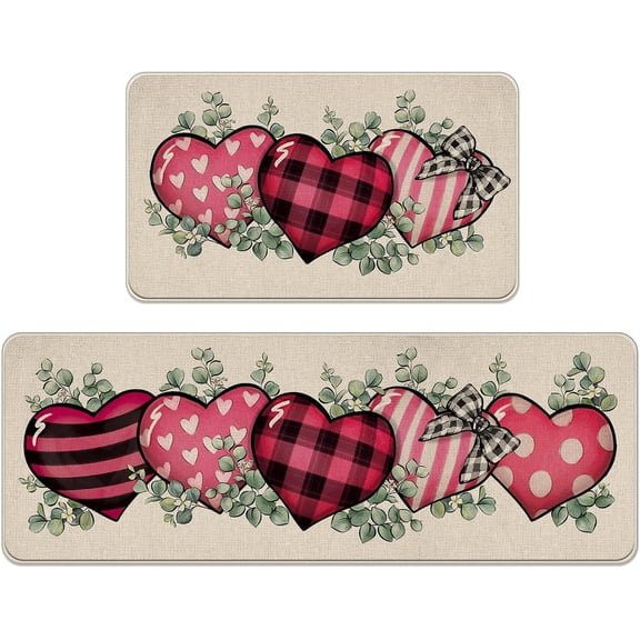 Valentine''s Day Pink Black Love Heart Kitchen Rugs Set of 2, Eucalyptus Leaves Buffalo Plaid Check Kitchen Mats Decor, Anniversary Wedding Floor Door Mat Home Decorations -17x29 and 17x47 Inch