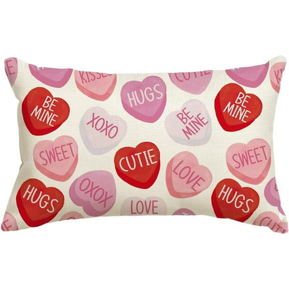 Valentine''s Day Pink Candy Heart Throw Pillow Cover, 12 x 20 Inch Anniversary Wedding Cushion Case Decoration for Sofa Couch