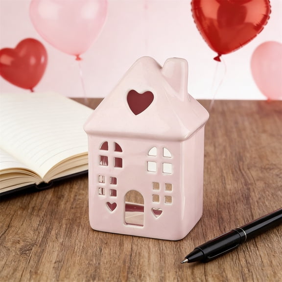 Valentine's Day Pink Ceramic House Tealight Holder, Heart Cutout Tabletop Decor for Mantel, Shelf & Romantic Displays