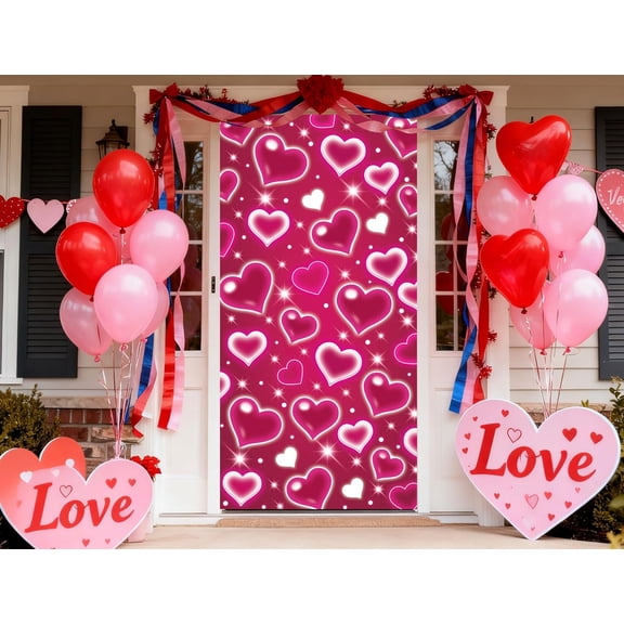 Valentine''s Day Pink Heart Door Cover Decorations Photo Backdrop Early 2000s Background for Photography Happy Birthday Banner Old School Valentines Selfile Wall (Pink)
