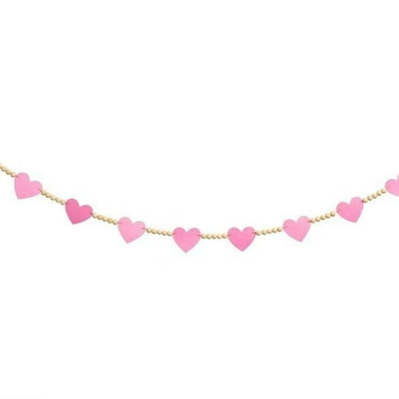 Valentine's Day Pink Heart Garland, Pink Hearts and Wood Beads Garland, Farmhouse Mantle Banner, Neutral Wall Hanging, Holiday Party Mantel Decor, 1 Pcs, 92 Inches