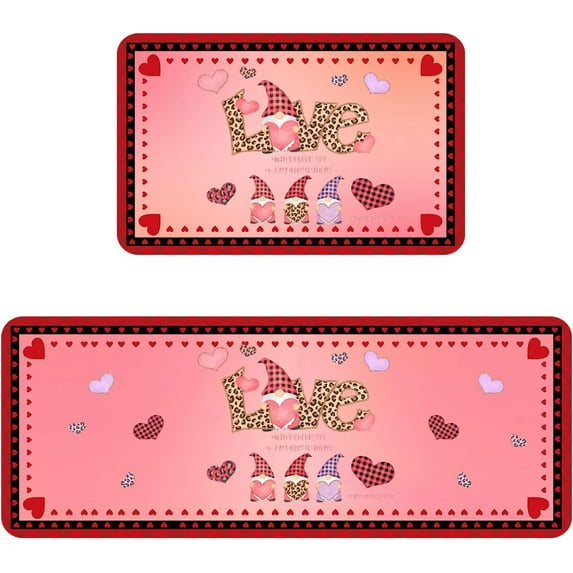 Valentine''s Day Pink Love and Gnomes Kitchen Rug Set 2 Piece, Cushioned Anti-Fatigue Kitchen Floor Mats Waterproof Easy to Clean, Comfort Standing Kitchen Mat Set with Non-Slip Latex