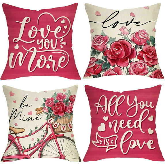 Valentine''s Day Pink Rose Bike Decorative Throw Pillow Covers 18x18 Set of 4, All You Need is Love Flower Porch Outdoor Home Decor, Love You More Be Mine Anniversary Wedding Holiday Cushion Case