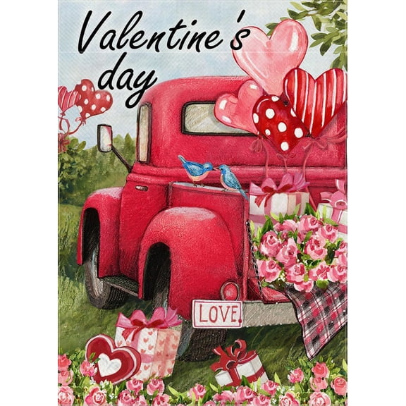 Valentine''s Day Pink Truck Small Garden Flag, Red Love Heart Balloons Rose Flowers Gift Decorative Yard Outside Decorations, Anniversary Wedding Holiday Outdoor Home Decor Double Sided 12 x 18