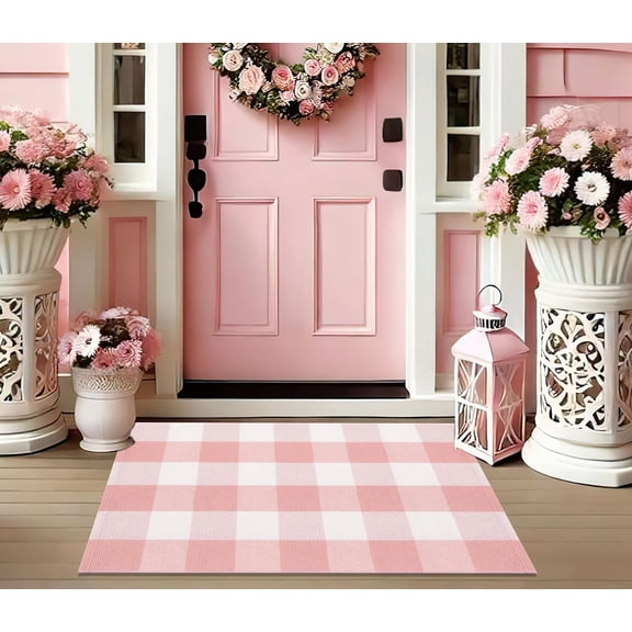 Valentine's Day Pink and White Front Door Mat 24''X35'' Buffalo Plaid Checked Front Porch Rug Cotton Woven Washable Rug Layering Doormat for Welcome Door Mat Entryway Dining Room Bedroom Living Room