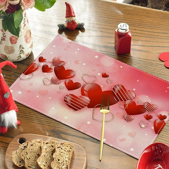 Valentine's Day Placemat Set of 2, 18x12 Inch Linen Fabric Heat-Resistant Table Mat, Printed Holiday Decor for Romantic Candlelight Dinner & Dining Table A