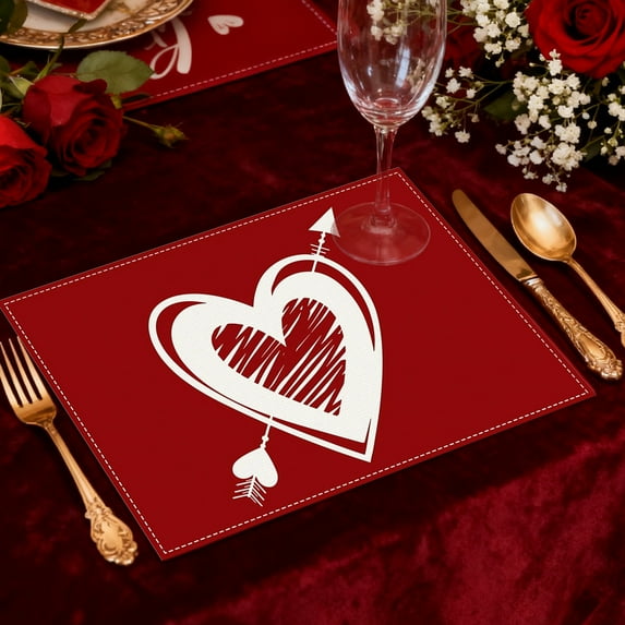 Valentine's Day Placemat Set Linen Fabric Heat Resistant Table Mat with Heart Print - Holiday Dining Decor for Family Party and Romantic Dinner(Red,C)