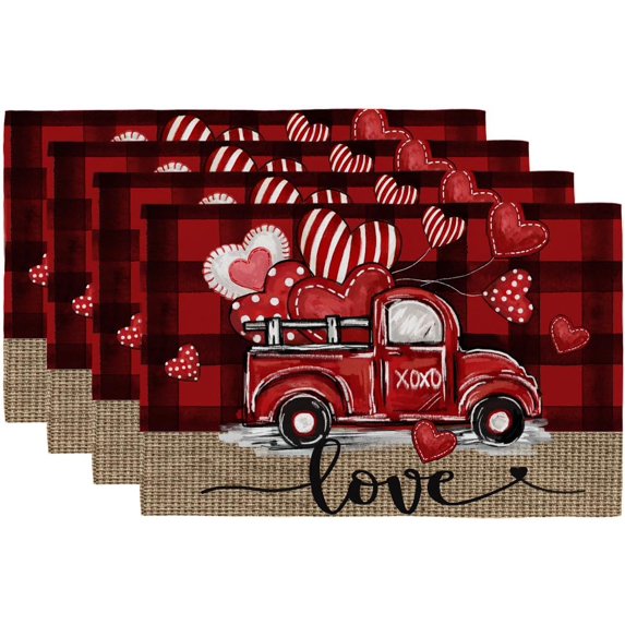Valentine''s Day Placemats 12x18 Inch, Buffalo Plaid Truck Love Hearts Farmhouse Holiday Kitchen Dining Table Decoration for Indoor Outdoor Dinner Party Décor (Red Black) GP108-18