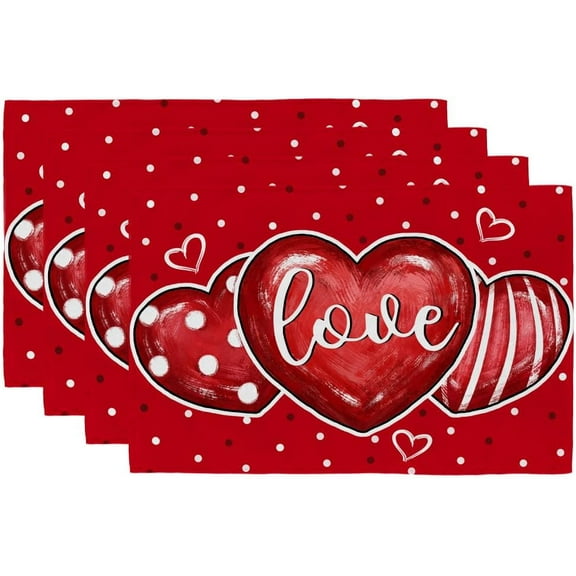 Valentine''s Day Placemats 12x18 Inch, Hearts Love Polka Dots Farmhouse Holiday Kitchen Dining Table Decoration for Indoor Outdoor Dinner Party Décor (Red) GP101-18