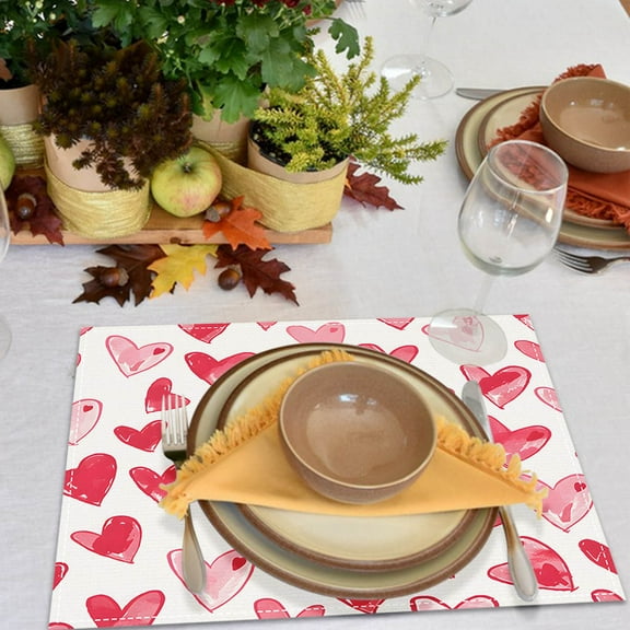 Valentine's Day Placemats 12x18 Inches Heart Love Pink Seasonal Farmhouse Linen Indoor Kitchen Anniversary Wedding Dining Valentines Table Decorations for Home Party