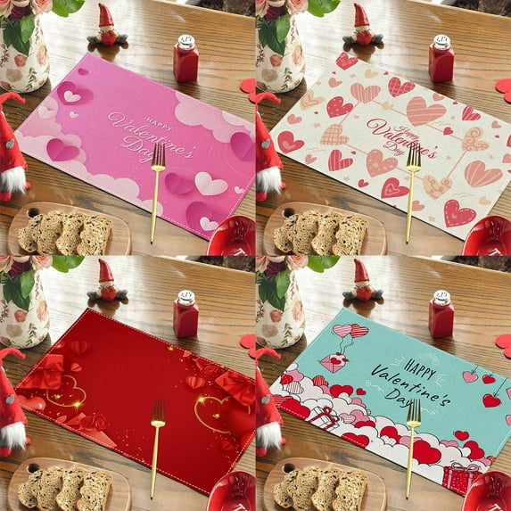 Valentine's Day Placemats, Happy Valentines Day Pattern Watercolor Heart Table Mat Heart Decorative Place Mats for Birthday Wedding Tableware Decor, 1Pcs, 18 x 12 Inch