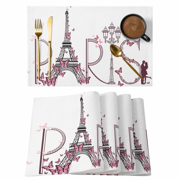 Valentine's Day Placemats Set of 1, Sweet Couple under Paris Tower Eiffel Pink Butterfly Non-Slip Place Mats Washable Table Mats for Kitchen Dining Table Decorations Indoor/Outdoor