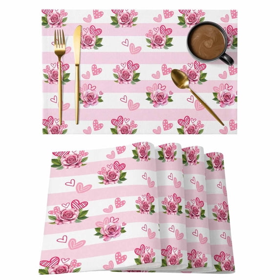 Valentine's Day Placemats Set of 12, Romantic Pink Roses Floral Love Heart Pink Stripes Non-Slip Place Mats Washable Table Mats for Kitchen Dining Table Decorations Indoor/Outdoor