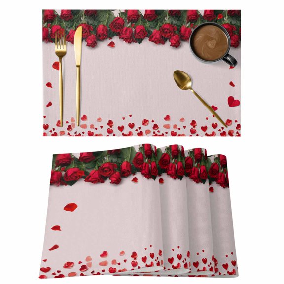 Valentine's Day Placemats Set of 2, Modern Romantic Red Love Heart Flower Petal Pink Non-Slip Place Mats Washable Table Mats for Kitchen Dining Table Decorations Indoor/Outdoor