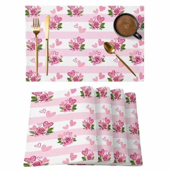 Valentine's Day Placemats Set of 2, Romantic Pink Roses Floral Love Heart Pink Stripes Non-Slip Place Mats Washable Table Mats for Kitchen Dining Table Decorations Indoor/Outdoor