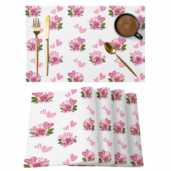 Valentine's Day Placemats Set of 2, Romantic Pink Roses Floral Plant Dots Stripes Love Heart Non-Slip Place Mats Washable Table Mats for Kitchen Dining Table Decorations Indoor/Outdoor