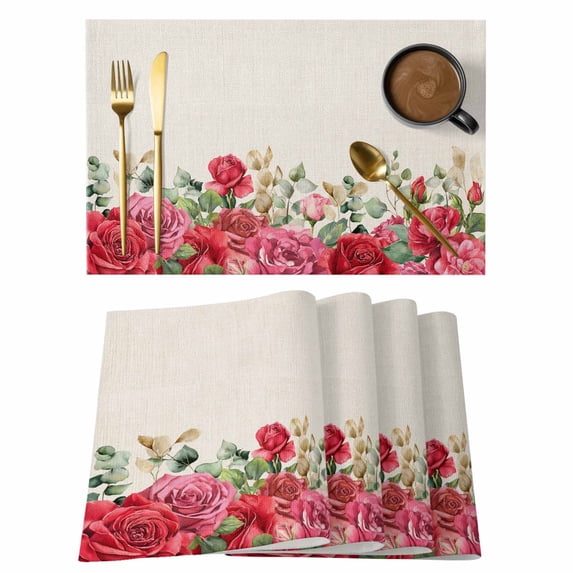Valentine's Day Placemats Set of 2, Roses Eucalyptus Leaf Watercolor Rustic Non-Slip Place Mats Washable Table Mats for Kitchen Dining Table Decorations Indoor/Outdoor