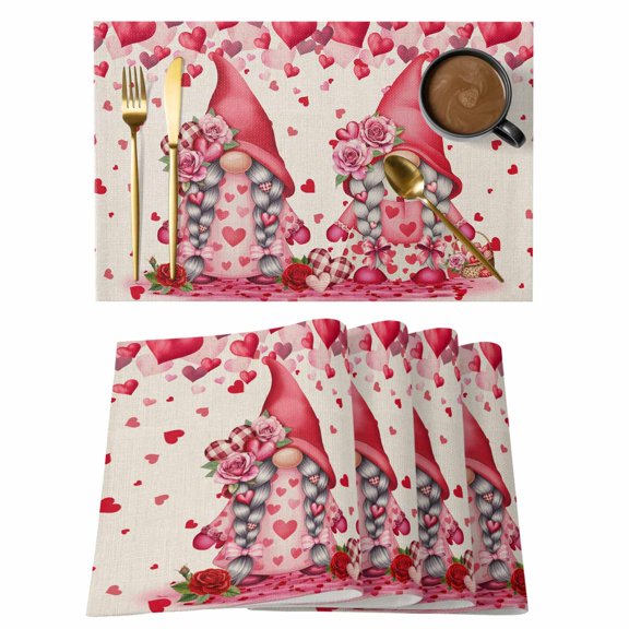 Valentine's Day Placemats Set of 2, Sweet Gnome Couple Pink Love Heart Rose Flower Linen Texture Non-Slip Place Mats Washable Table Mats for Kitchen Dining Table Decorations Indoor/Outdoor