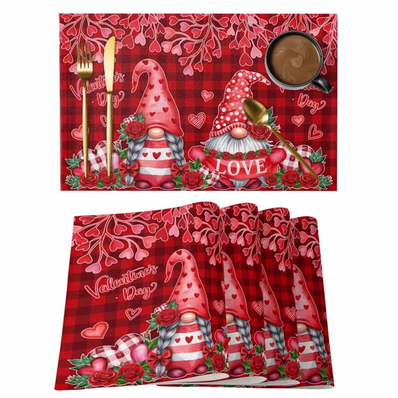 Valentine's Day Placemats Set of 2, Sweet Gnome Couple Red Love Heart Roses Floral Red Plaid Non-Slip Place Mats Washable Table Mats for Kitchen Dining Table Decorations Indoor/Outdoor