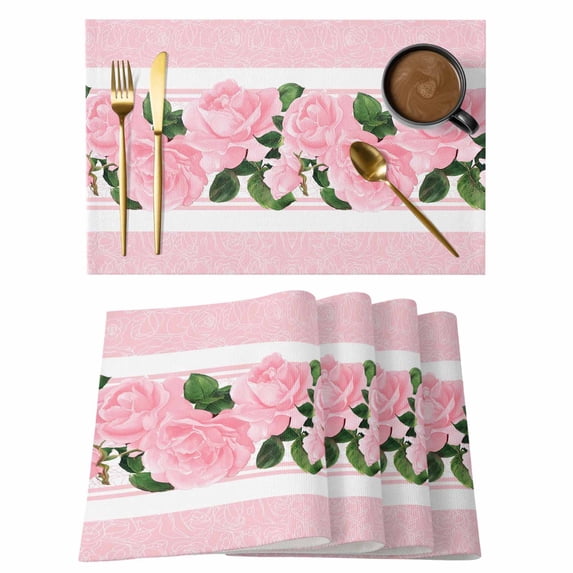 Valentine's Day Placemats Set of 2, Vintage Pink Roses Floral Green Leaf Pink Flower Stripes Non-Slip Place Mats Washable Table Mats for Kitchen Dining Table Decorations Indoor/Outdoor
