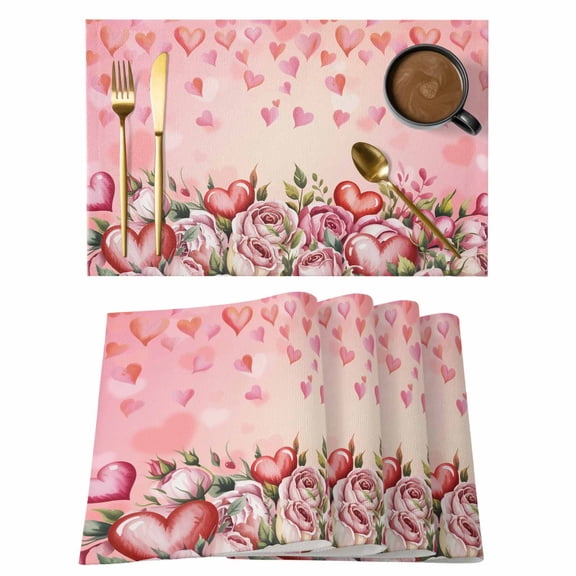 Valentine's Day Placemats Set of 2, Vintage Watercolor Red Pink Loves Roses Romantic Floral Heart Non-Slip Place Mats Washable Table Mats for Kitchen Dining Table Decorations Indoor/Outdoor