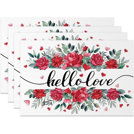 Valentine''s Day Placemats Set of 4 12x18 Inch Hello Love Flowers Floral Heart Table Place Mats Valentines Day Table Decoration for Anniversary Wedding Indoor Outdoor Party Kitchen Dining Table
