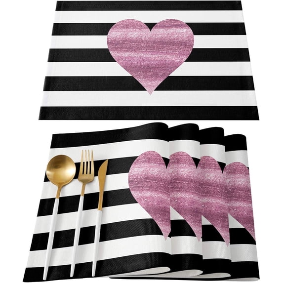 Valentine''s Day Placemats Set of 4, Heart Design Pattern Placemat for Dining Table Decorations, Cotton Linen Black Stripes Place Mats, Valentines Table Mats for Kitchen Dinner Holiday Party Decor