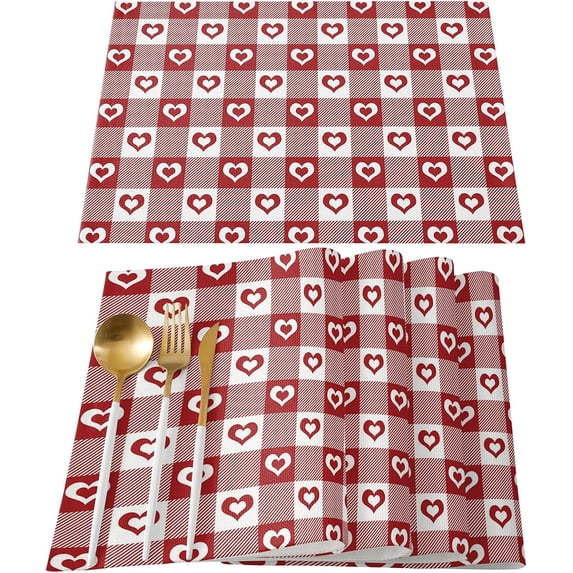 Valentine''s Day Placemats Set of 4, Love Heart Placemat for Dining Table Decorations, Cotton Linen Red Buffalo Plaid Check Place Mats, Valentines Table Mats for Kitchen Dinner Holiday Party Decor