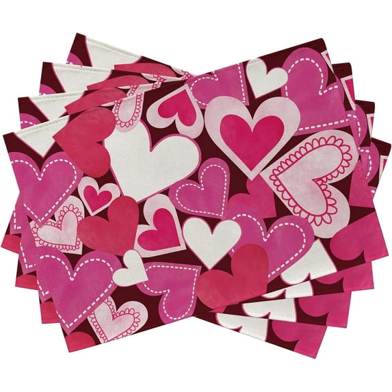 Valentine''s Day Placemats Set of 4, Pink White Love Hearts Vintage Dining Table Place Mats, Anniversary Wedding Kitchen Decor Home Decoration 12 x 18 Inch