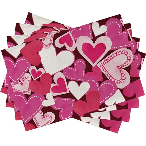 Valentine''s Day Placemats Set of 4, Pink White Love Hearts Vintage Dining Table Place Mats, Anniversary Wedding Kitchen Decor Home Decoration 12 x 18 Inch