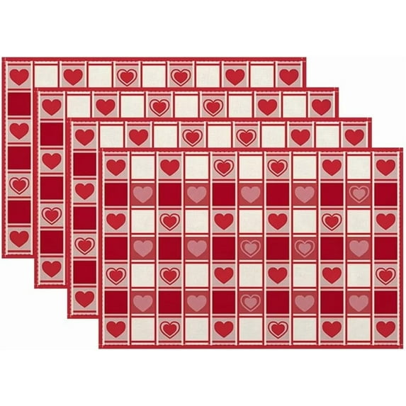 Valentine’s Day Placemats Set of 4, Red Checked Love Hearts Place Mats Valentines Table Mat Placemat Heat Resistant Non Slip Line for Wedding Party Mother''s Day Valentine’s Day Decor 18" x 12"