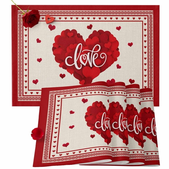 Valentine's Day Placemats Set of 4, Red Love Heart Place Mats Floral Petals Stripes Tablemats Placemat Table Decoration for Kitchen Table Dinner Wedding Party Home Decor Indoor Outdoor 13x19 Inch