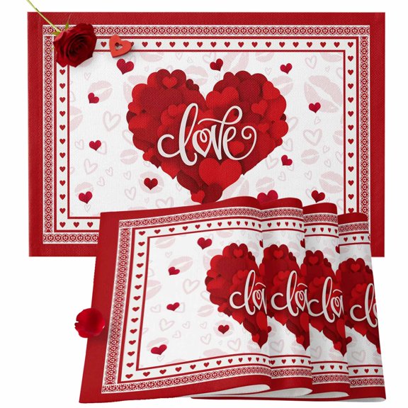 Valentine's Day Placemats Set of 4, Red Love Heart Place Mats Romantic Kiss Lips Tablemats Placemat Table Decoration for Kitchen Table Dinner Wedding Party Home Decor Indoor Outdoor 13x19 Inch