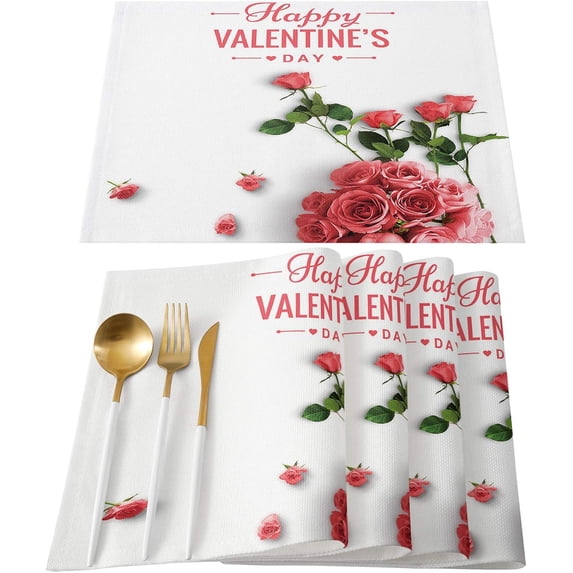 Valentine''s Day Placemats Set of 4, Romantic Rose Placemat for Dining Table Decorations, Cotton Linen Pink Floral Place Mats, Valentines Table Mats for Kitchen Dinner Anniversary Holiday Party Decor