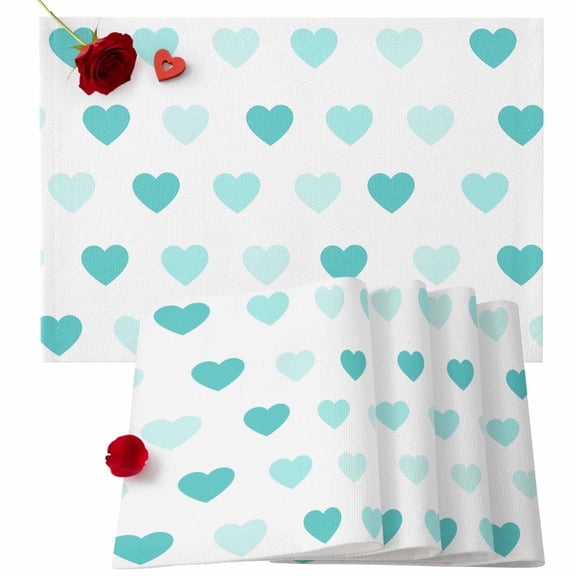 Valentine's Day Placemats Set of 4, Teal Green Love Heart Place Mats Romantic Sweet Tablemats Placemat Table Decoration for Kitchen Table Dinner Wedding Party Home Decor Indoor Outdoor 13x19 Inch