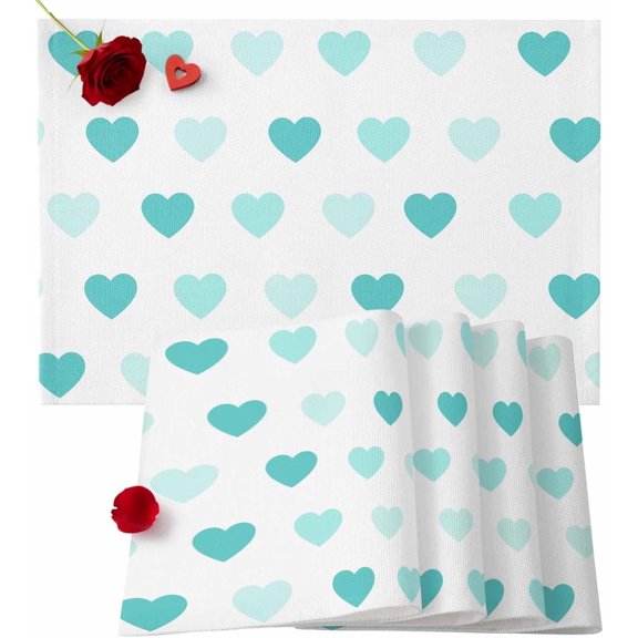 Valentine''s Day Placemats Set of 4, Teal Green Love Heart Place Mats Romantic Sweet Tablemats Valentines Placemat Table Decoration for Kitchen Table Wedding Anniversary Dinner Party Decor