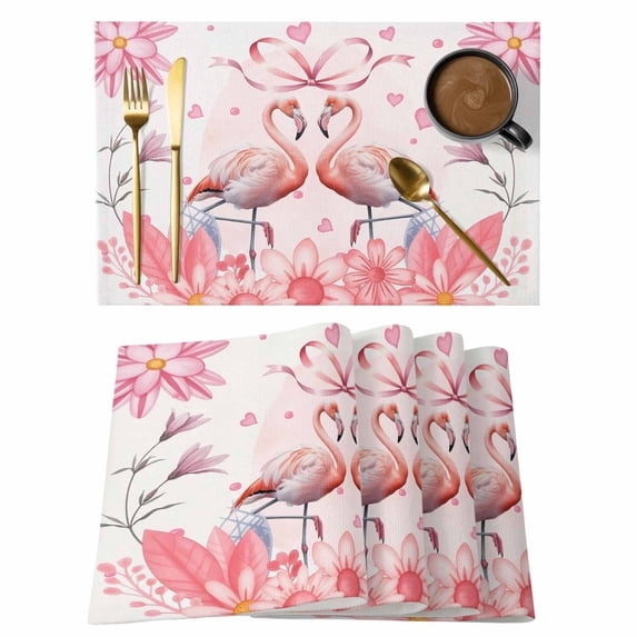 Valentine's Day Placemats Set of 4, Tropical Watercolor Flamingo Animals Pink Floral Loves Non-Slip Place Mats Washable Table Mats for Kitchen Dining Table Decorations Indoor/Outdoor