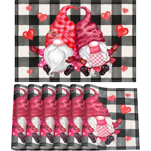 Valentine''s Day Placemats Set of 6, Happy Valentine''s Day Gnome Table Mats Kitchen Mat for Dining Table, Washable Linen Heart Gnome Dining Place Mat Table Decoration for Holiday Decor, 12 x 18inch