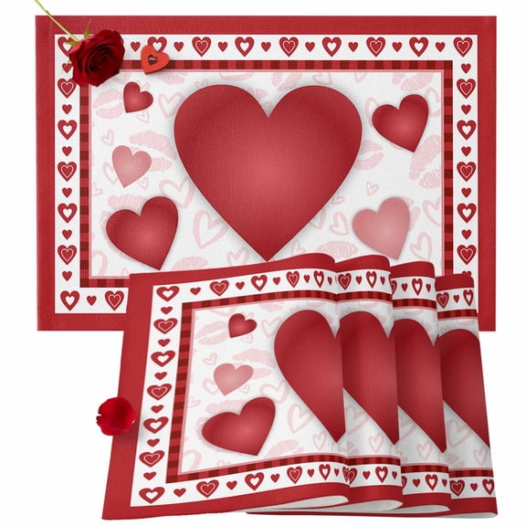Valentine's Day Placemats Set of 6, Heart Shape Design Place Mats Sexy Lip Tablemats Washable Placemat Table Decoration for Kitchen Table Dinner Wedding Party Home Decor Indoor Outdoor 13x19 Inch