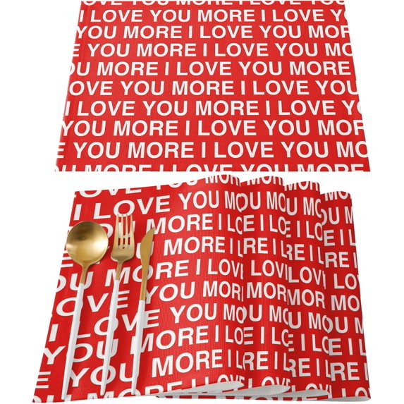 Valentine''s Day Placemats Set of 6, I Love You More Placemat for Dining Table Decorations, Cotton Linen Simple Words Red Place Mats, Valentines Table Mats for Kitchen Dinner Holiday Party Decor