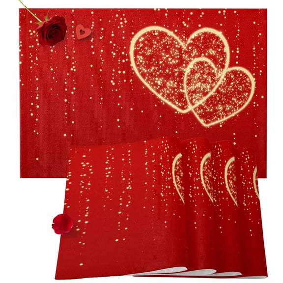 Valentine's Day Placemats Set of 6, Love Heart Place Mats Romantic Sweet Golden Red Tablemats Placemat Table Decoration for Kitchen Table Dinner Wedding Party Home Decor Indoor Outdoor 13x19 Inch