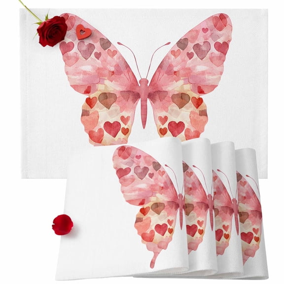 Valentine's Day Placemats Set of 6, Pink Butterfly Place Mats Love Heart Tablemats Washable Placemat Table Decoration for Kitchen Table Dinner Wedding Party Home Decor Indoor Outdoor 13x19 Inch