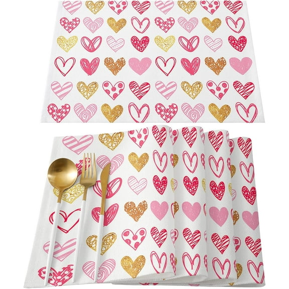Valentine''s Day Placemats Set of 6, Pink Gold Love Hearts Placemat for Dining Table Decorations, Cotton Linen Romantic Hearted Place Mats, Valentines Table Mats for Kitchen Dinner Holiday Party Decor