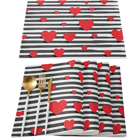 Valentine''s Day Placemats Set of 6, Red Heart Placemat for Dining Table Decorations, Cotton Linen Simple Black Stripe Place Mats, Valentines Table Mats for Kitchen Dinner Holiday Party Decor