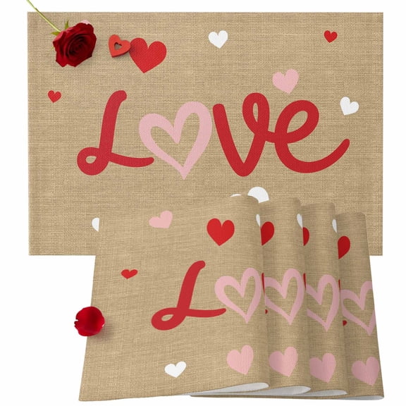 Valentine's Day Placemats Set of 6, Red Pink Love Heart Place Mats Linen Romantic Tablemats Placemat Table Decoration for Kitchen Table Dinner Wedding Party Home Decor Indoor Outdoor 13x19 Inch