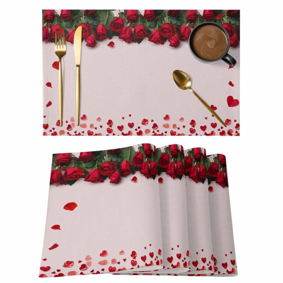 Valentine's Day Placemats Set of 8, Modern Romantic Red Love Heart Flower Petal Pink Non-Slip Place Mats Washable Table Mats for Kitchen Dining Table Decorations Indoor/Outdoor