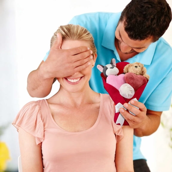 Valentine’s Day Plush Bouquet, Stuffed Flower Arrangement, Romantic Teddy Bear Heart Gift Set and Love Theme Decorative Gift for Couples