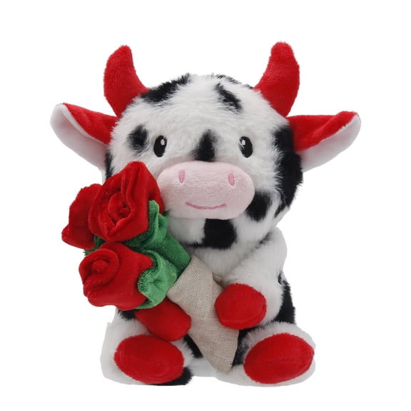 Valentine's Day Plush Stuffed Animal Calf with Bouquet, Soft Spotted Cow Plushie Toy Romantic Gift for Women Girlfriend Home Desk Decor