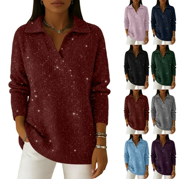 Valentine's Day Polo Collar Shiny Loose Sweater Top, Women's Elegant V Neck Long-Sleeved Sparkly Pullover Sweater Green S
